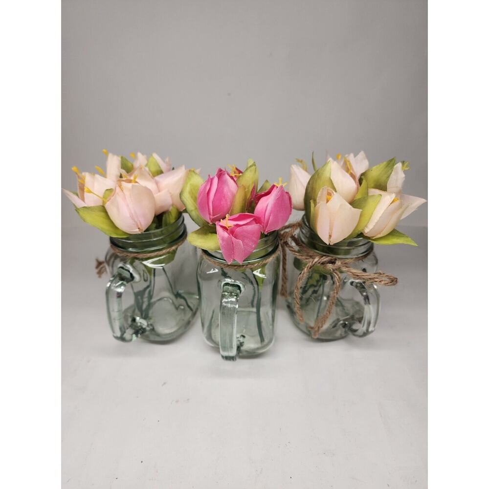 Lot of 3 - Old East Main - Clear Glass Mason Jar Style Mug w/Artificial Tulips
